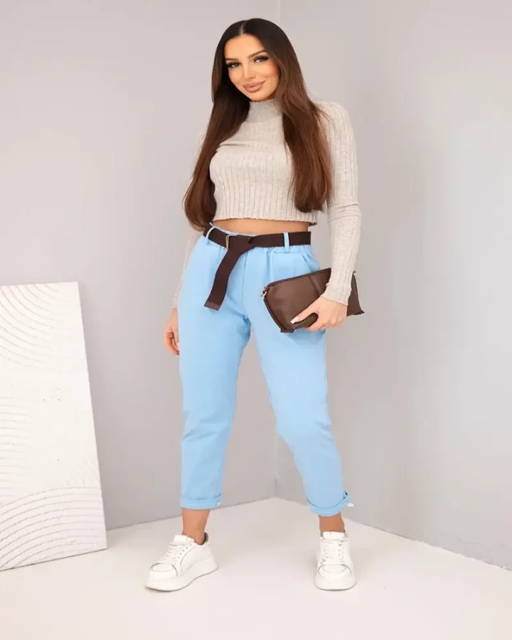Spodnie damskie bawełniane z paskiem i podwijaną nogawką niebieskie