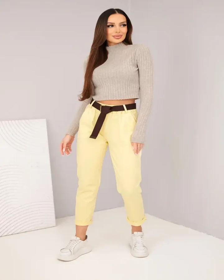 Spodnie damskie bawełniane z paskiem i podwijaną nogawką żółte