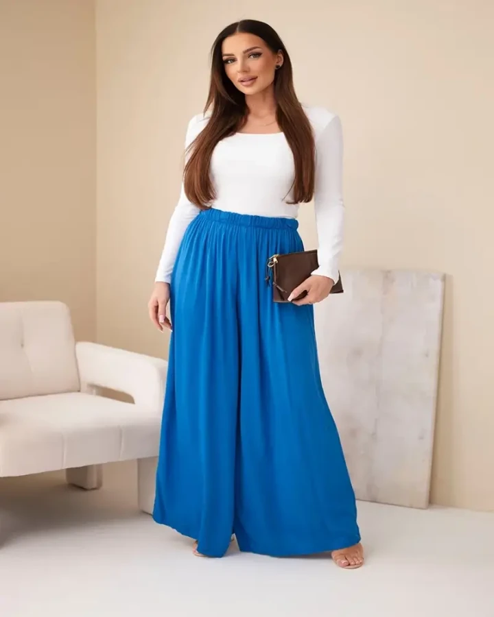 Spodnie damskie szerokie z gumką w pasie – chabrowe