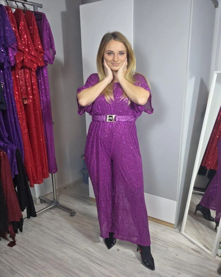 Kombinezon cekinowy z paskiem - elegancki i wieczorowy