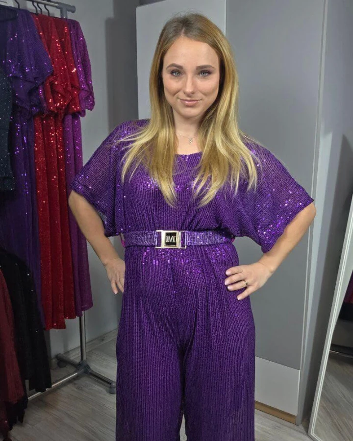 Kombinezon cekinowy z paskiem - elegancki i wieczorowy