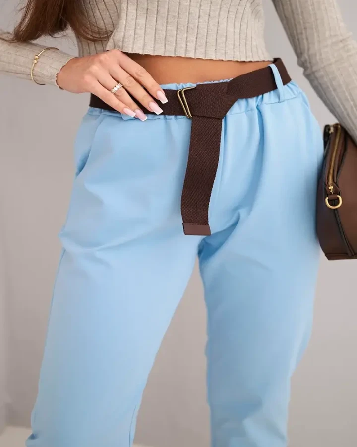 Spodnie damskie bawełniane z paskiem i podwijaną nogawką niebieskie