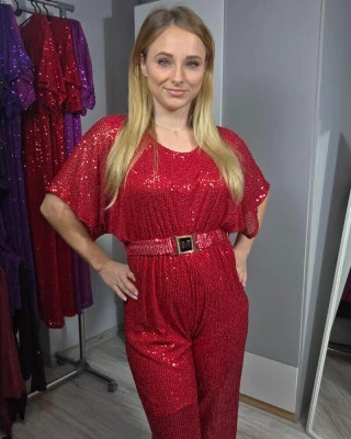 Kombinezon cekinowy z paskiem - elegancki i wieczorowy