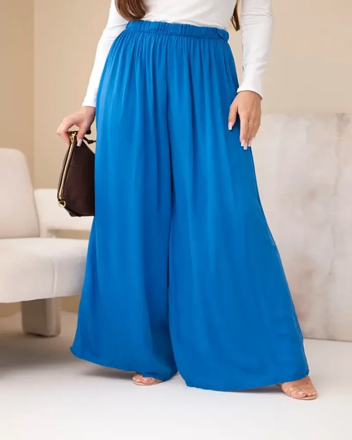 Spodnie damskie szerokie z gumką w pasie – chabrowe