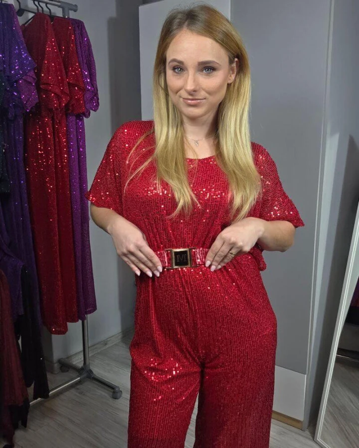 Kombinezon cekinowy z paskiem - elegancki i wieczorowy