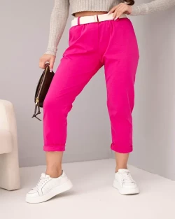 Spodnie damskie bawełniane z paskiem i podwijaną nogawką fuksja