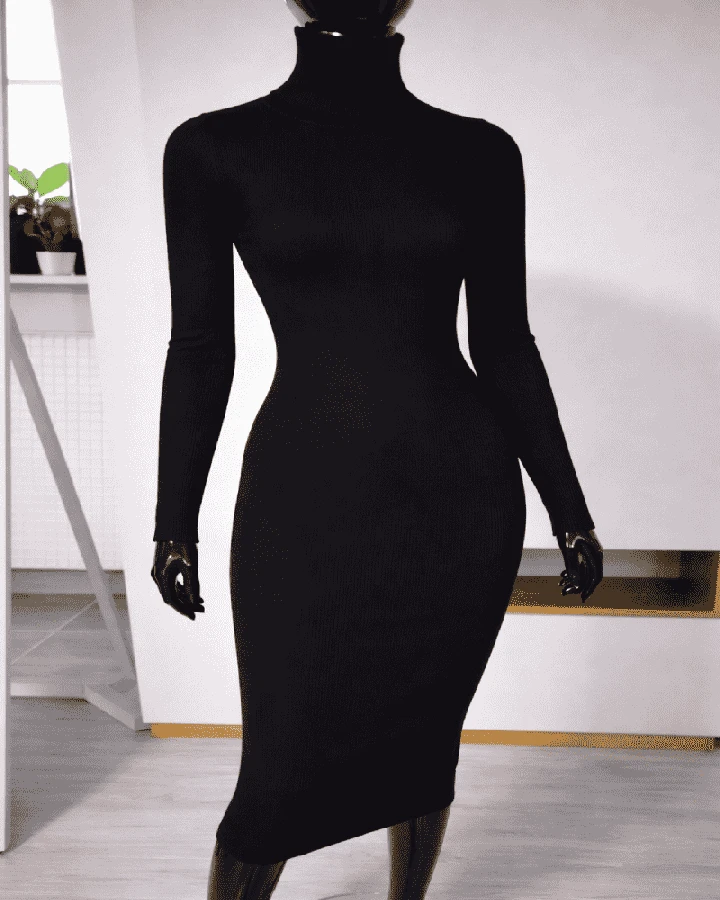 Prążkowana sukienka z golfem midi - elegancka na jesień i zimę